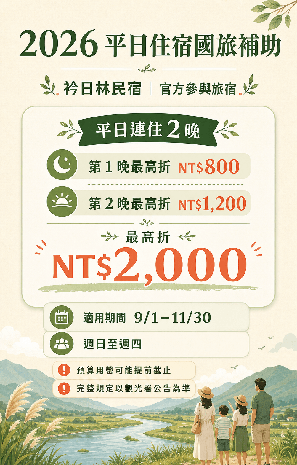 2026平日住宿國旅補助|衿日林民宿正式參與,連住兩晚最高折2,000元