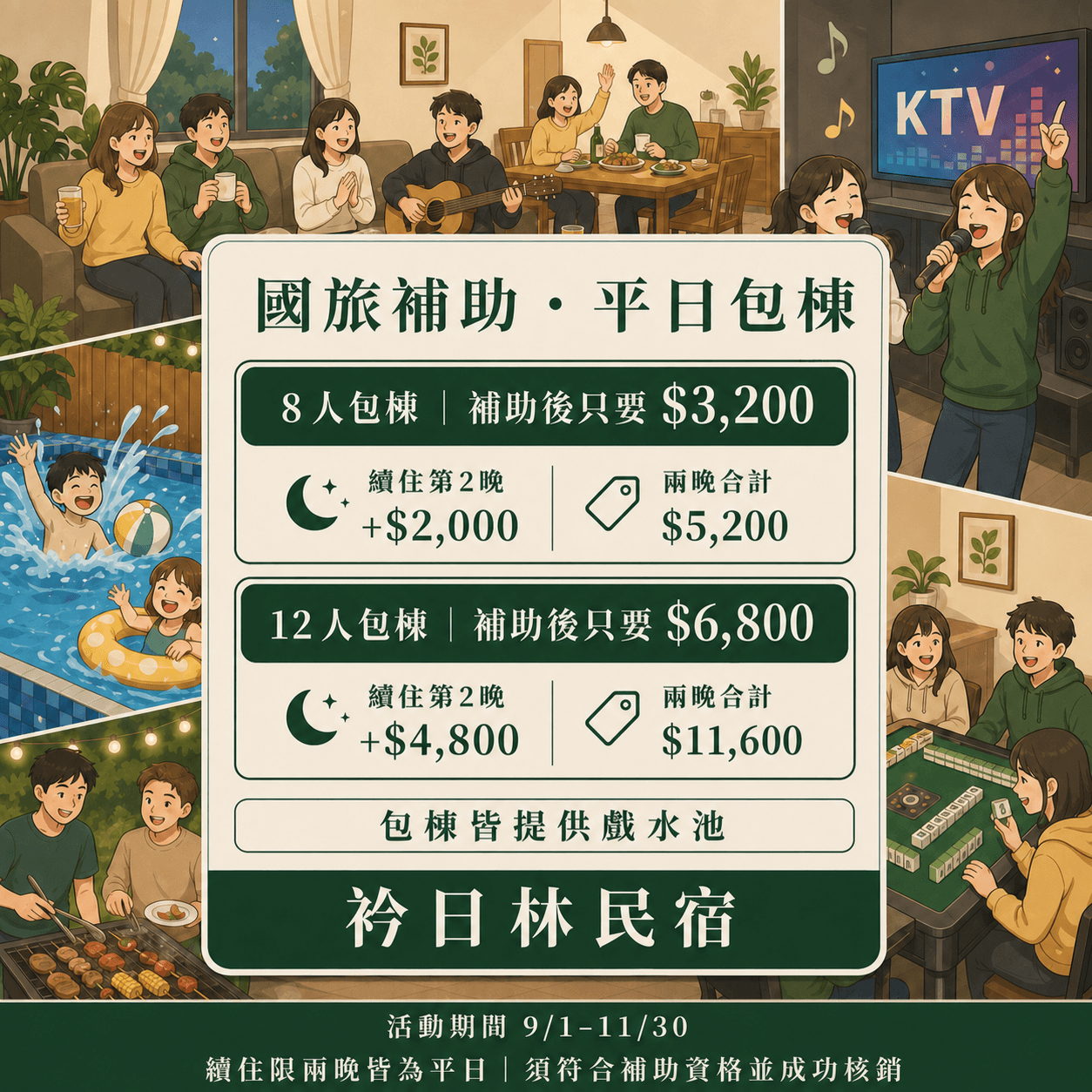 宜蘭國旅補助包棟優惠|8人3,200元、12人6,800元,第二晚續住加價方案