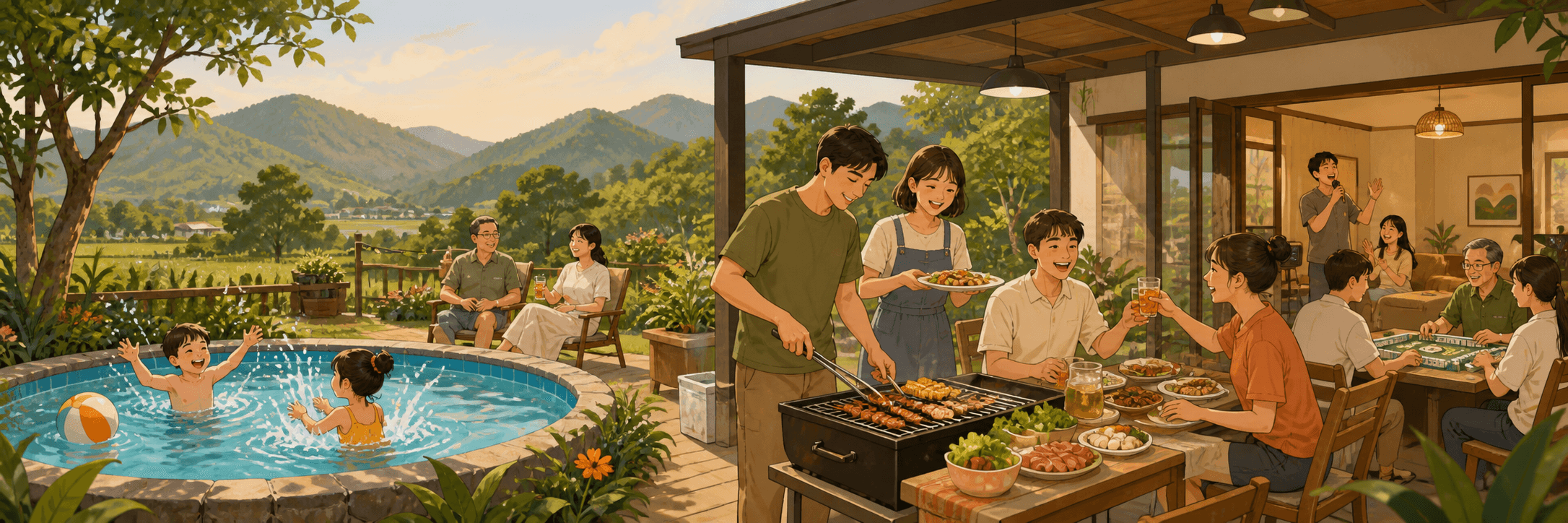 衿日林民宿包棟旅遊情境插畫,包含戲水、烤肉、歡唱與麻將活動